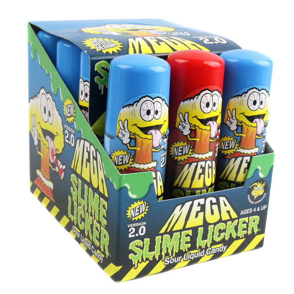 12 Mega Slime Lickers 2.0 sour blue raspberry and red strawberry candy, large size.
