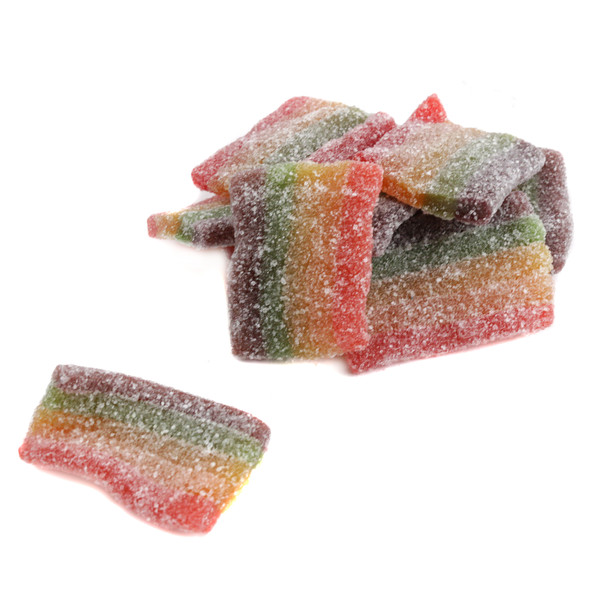 Chewy, tangy rainbow sour belts, vibrant multi-colored fruit flavored candy strips, approx. 90 mini pieces per pound.