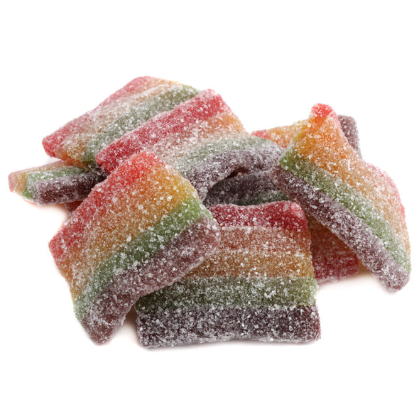 Rainbow Sour Belts, soft chewy candy strips, vibrant rainbow colors, tangy fruity flavor, approximately 90 per pound.
