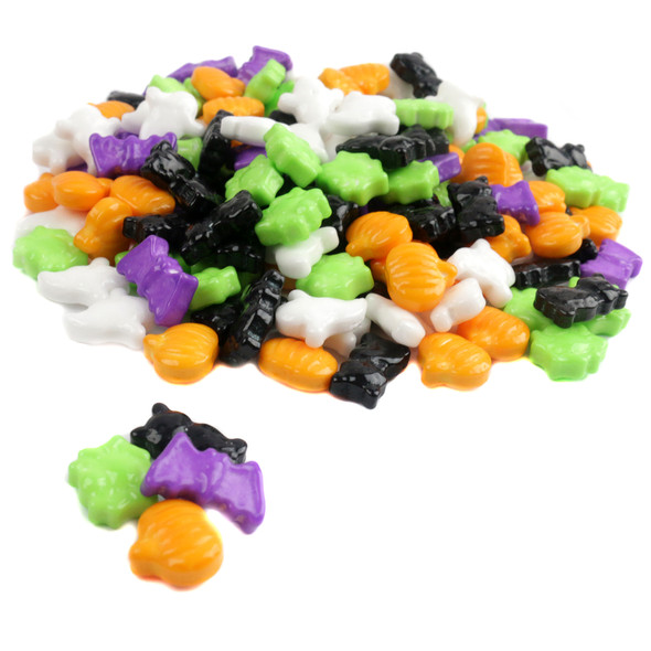 Bright Halloween pressed candy mix, tart, with jack o' lanterns, bats, cats, ghosts, spiders. Approx 575 pieces per pound.