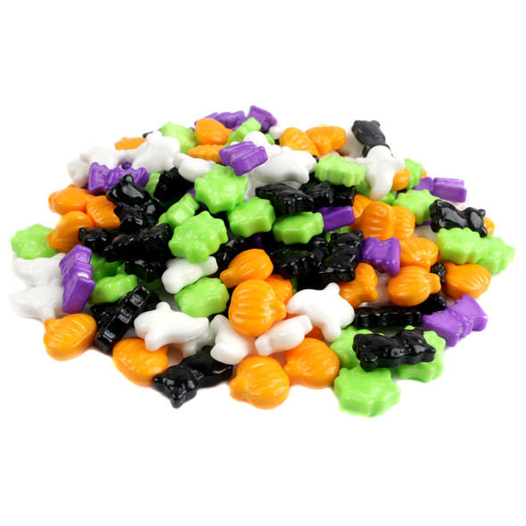Bright Halloween pressed candy mix, tart, featuring jack o' lanterns, bats, cats, ghosts, and spiders.