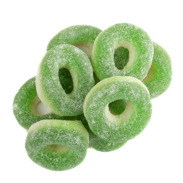 Bright green and white Apple Gummy Rings, soft and chewy, approximately 55 pieces per pound.