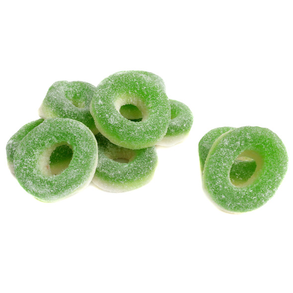Bright green and white apple gummy rings, sweet and chewy, approximately 55 pieces per pound.
