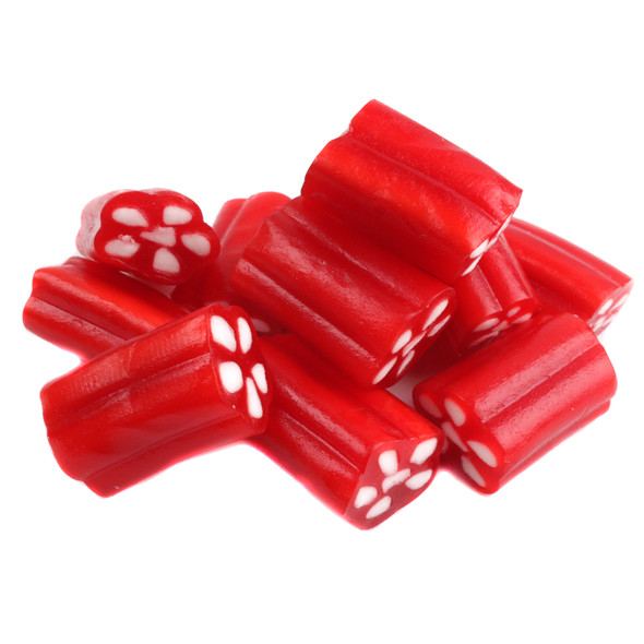 Cherry Red Licorice Bites, Broadway Cherry Loaders, bulk unwrapped with creamy filling, approx. 60 pieces per pound.