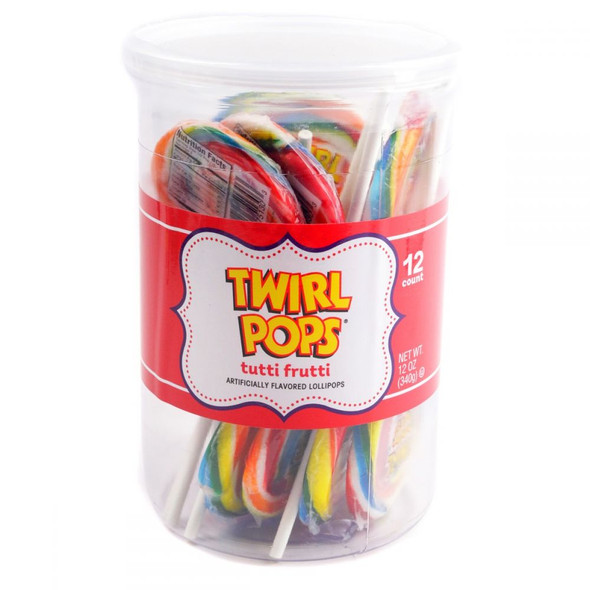 Jar of 12 vibrant rainbow swirled Twirl Lollipops, 1oz each, 2.25 inch diameter. Brightly colored nostalgic candy.