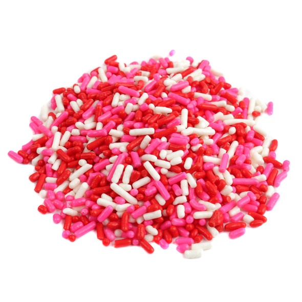 Valentines Sprinkle Mix, a vibrant blend of red, pink, and white jimmies, perfect for baking cookies and festive dessert toppings.