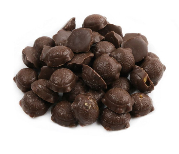 Brown milk chocolate mini Turtles candy, golden caramel center, 320 pieces per pound, dessert topping.