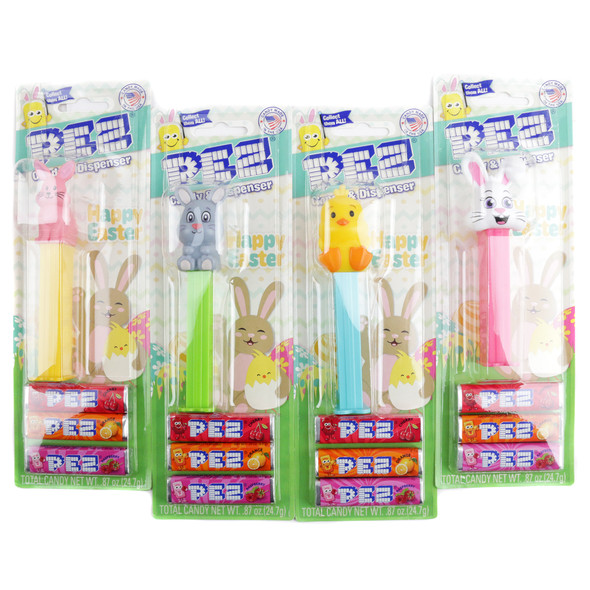 Easter Pez 6-piece blister pack, with colorful bunny, chick, and lamb candy dispensers and refills.