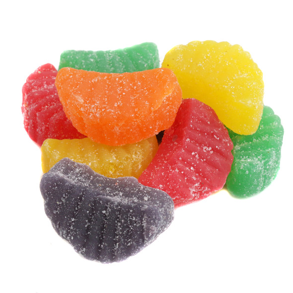 Assorted chewy fruit slices candy, vibrant rainbow colors. Lemon, orange, grape, cherry, lime fruit shapes, approx 32 per pound.