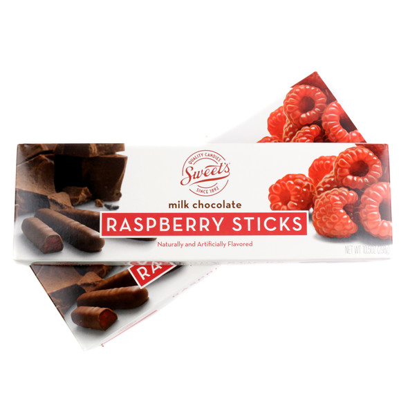 Sweets 10.5oz box, approx 38 brown milk chocolate covered raspberry jelly sticks visible.