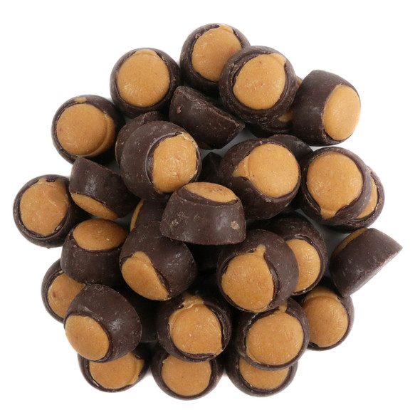 Dark brown mini chocolate peanut butter buckeyes, partially dipped, with creamy light brown peanut butter center, 175 per lb.