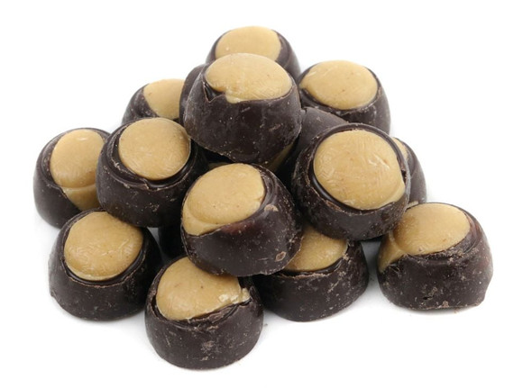 Dark brown mini chocolate peanut butter buckeyes, partially dipped, with creamy light brown peanut butter center, 175 per lb.