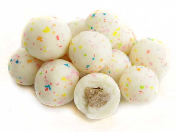 Creamy white Birthday Cake Dough Bites candy, speckled with vibrant rainbow confetti. Ideal party treats.