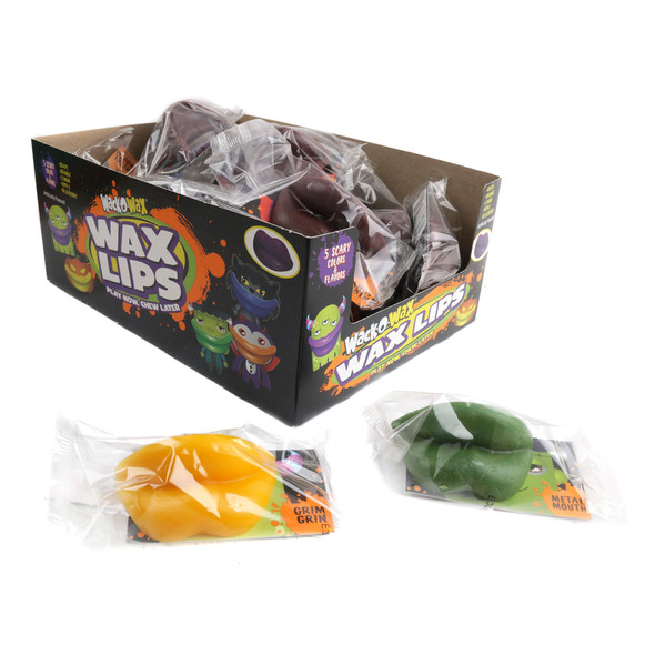 Colorful wax lips candy, 24 pieces, 5 assorted fruit flavors: grape, orange, lemon, apple, blueberry. Individually wrapped.