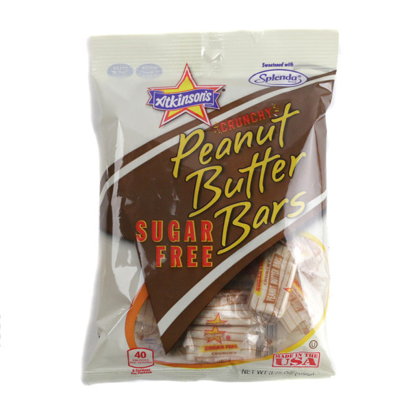 Atkinson Sugar Free Peanut Butter Bars, 6-pack of 3.75oz bags, crunchy tan peanut butter candy, USA made.