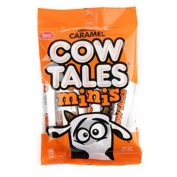 Mini Goetze's Cow Tales candy bag, 4oz. Classic caramel cream flavor, individually wrapped mini 2.5-inch treats.