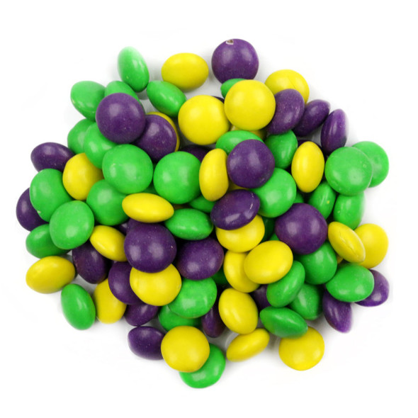 Mardi Gras chocolate gems, milk chocolate, crunchy candy shell, purple, green, gold colors, approximately 400 per pound.