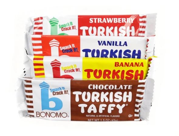 Bonomo Turkish Taffy, 24 assorted bars, vanilla, chocolate, strawberry, banana flavors.