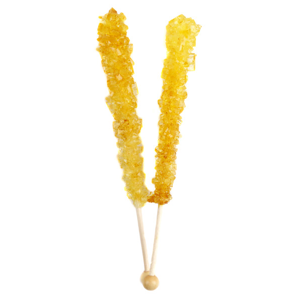 12 individually wrapped 6-inch gold rock candy sticks. Dazzling, elegant for wedding candy buffets. Made in USA.