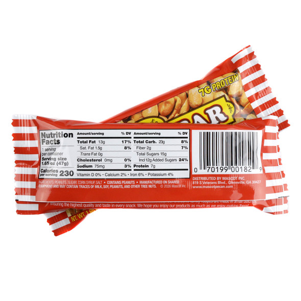Mascot's Peanut Bar, 36-count box, sweet salty brown candy bars packed with whole peanuts.
