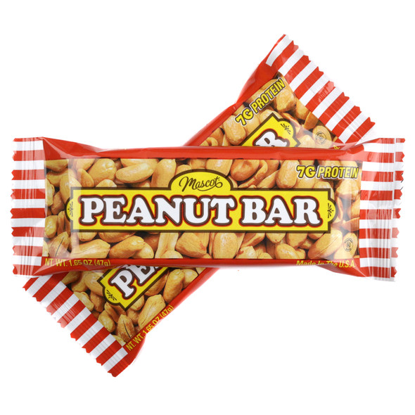 Mascot's old-fashioned Peanut Bars, a box of 36 individually wrapped sweet and salty peanut candy bars.