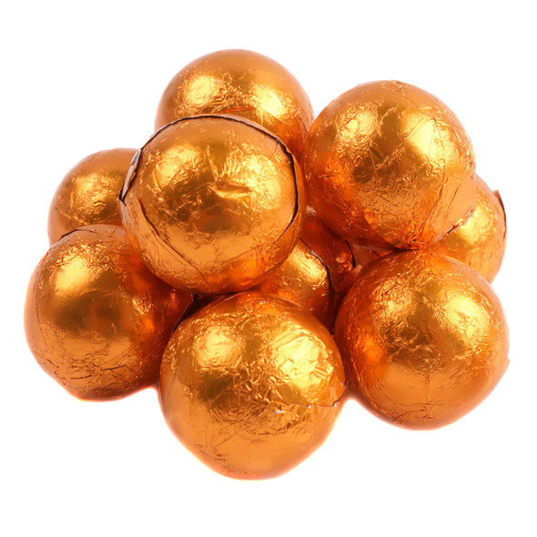 Bright orange foil wrapped solid milk chocolate balls, 3/4 inch diameter, approximately 60 per pound.