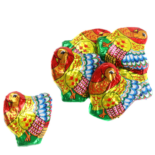 Tub of 40 festive mini milk chocolate turkeys, 1.75 inch, individually wrapped in colorful Italian foil.
