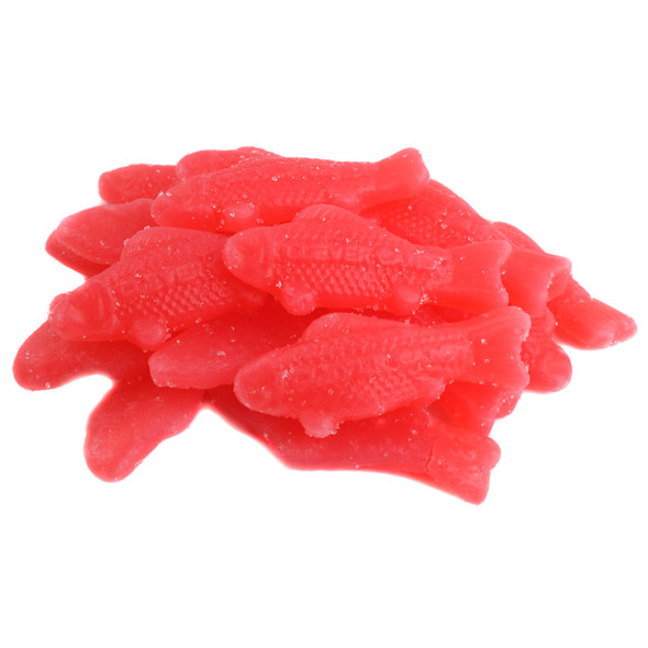 Sour red gummy fish candy, coated with sour sugar.