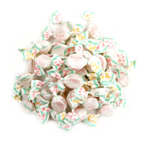 Puntini Peach candy, miniature pastel orange, chewy, approx 340 pieces per pound. Made in Italy.