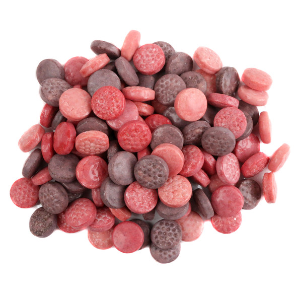 Bright pink Razzles Berry Mix bulk candy and gum, unwrapped, approx. 360 per pound, with raspberry, blueberry, strawberry flavors.