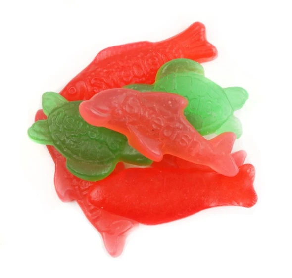 Assorted Swedish Fish & Friends gummy mix. Red fish, green turtles, colorful dolphins. Cherry, watermelon, strawberry flavors. Approx 70 pc/lb.