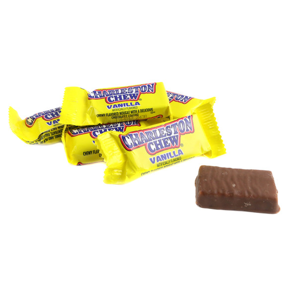 Charleston Chews Snack Size, chewy vanilla nougat mini bars, rich chocolatey coating, approx 40 per pound.