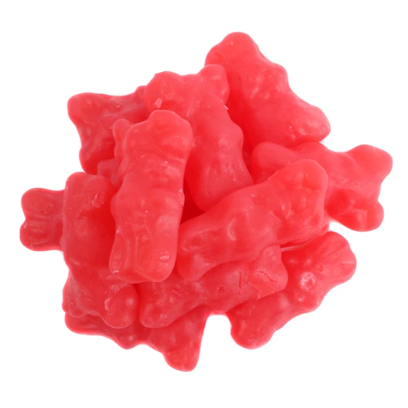 Red cinnamon juju bunnies, gummy Easter bunny shape, 1 1/2'' tall, approximately 65 per pound, sweet and spicy.