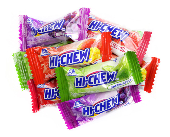 Colorful, individually wrapped Hi Chew candy, 75 pieces per pound, apple, grape, mango, strawberry fruit flavors.