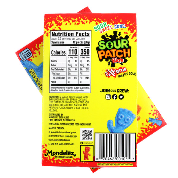 12 pack Sour Patch Kids Extreme Theater Boxes, colorful apple, cherry, orange sour gummy candies.