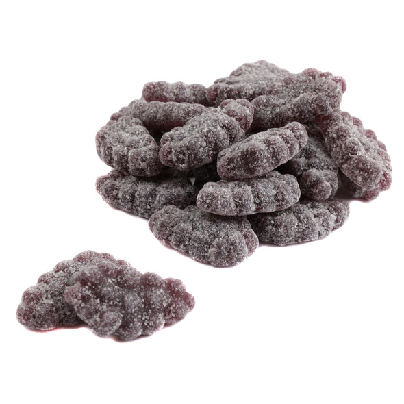 Sour Patch Grapes, vibrant purple soft gummy candy, approx 125 pieces per pound, sweet and sour grape flavor.
