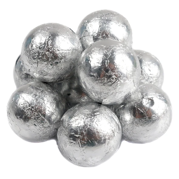 Silver foil wrapped milk chocolate balls approx. 3/4 inch diameter