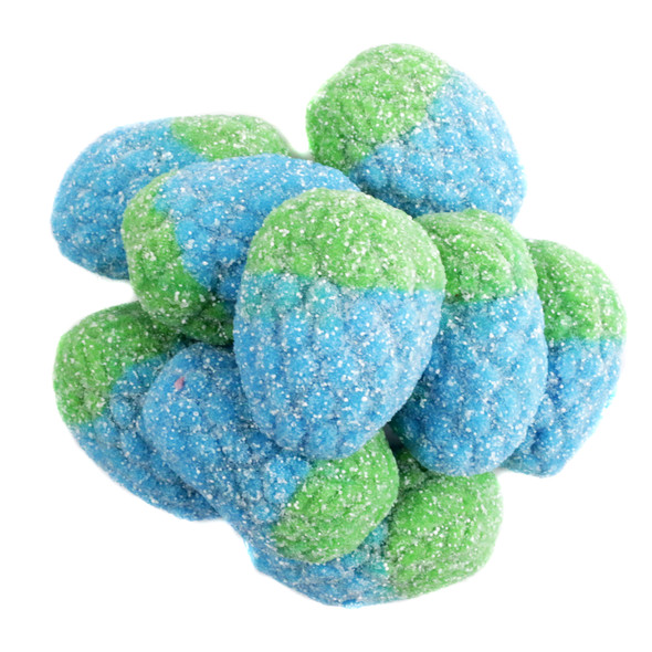 Blue Raspberry Sour Gummies, bright blue, sour sugar coated, soft jelly, approx 35 pieces per pound.