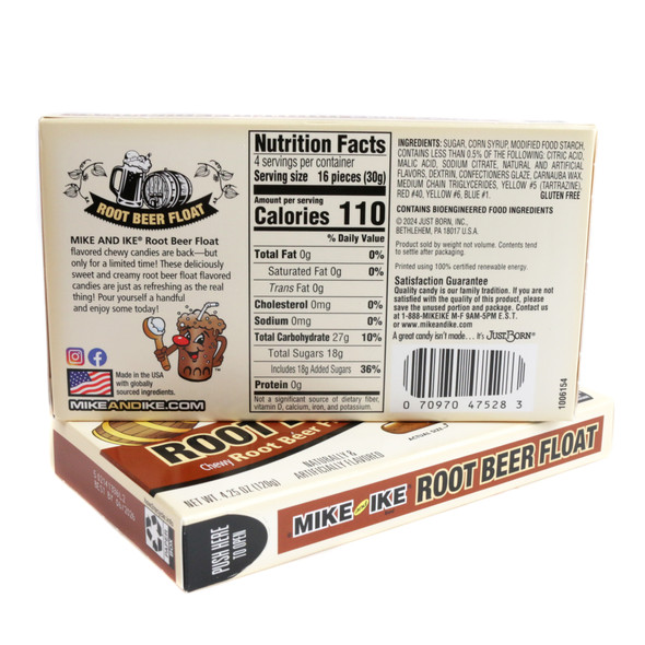 Mike & Ike Root Beer Float 12 pack, brown chewy limited edition 5oz theater boxes with nostalgic root beer flavor.