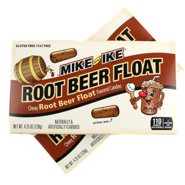 Mike & Ike Root Beer Float 12 pack, 5oz brown chewy candy boxes, limited edition retro movie candy.