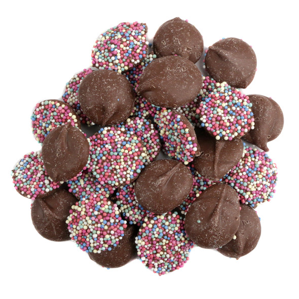 Repperts Rainbow Nonpareils Milk Chocolate, creamy discs topped with colorful rainbow nonpareils.