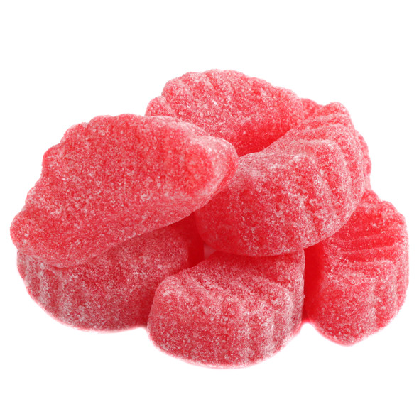 Vibrant red, sugar-coated cherry jelly slices. Approx 35 delicious sweet cherry candy pieces per pound, bulk.