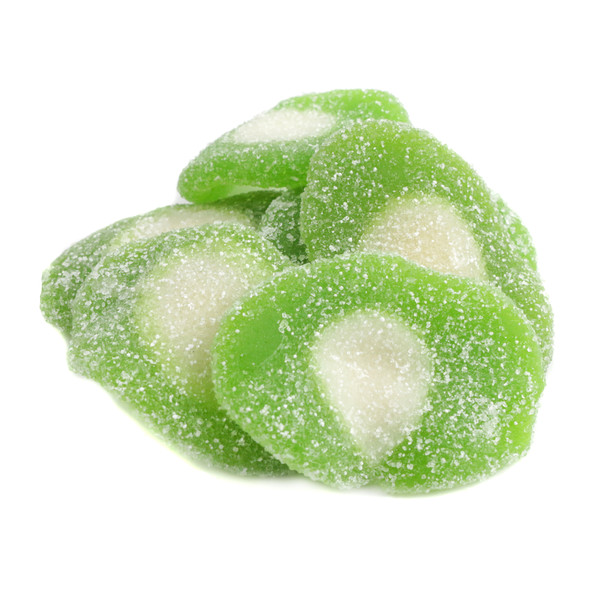 Sour Gummy Kiwi Candy, bright green slices, sweet, sour, citrusy, approx 75 pieces per pound.