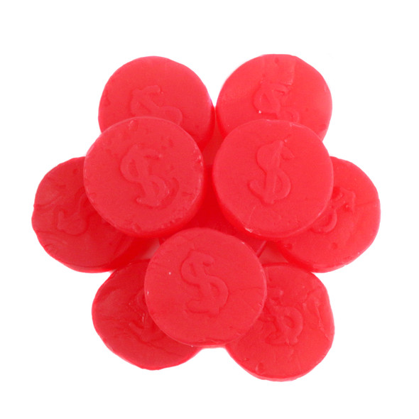 Vibrant red cherry juju candies, 1-inch coins with dollar symbols.