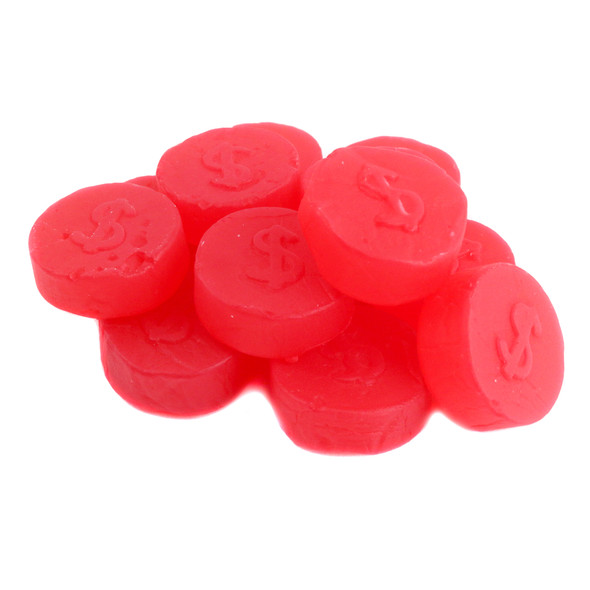 Bright red cherry juju coins, 1 inch diameter, each marked with a dollar symbol. Classic USA-made chewy candy.
