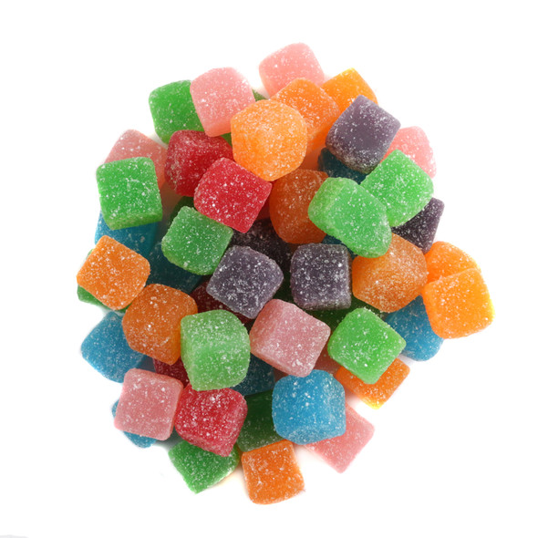 Warheads Chewy Cubes, colorful sour gummy candy with orange, blue, red, pink, green cubes. 140 pieces per pound.