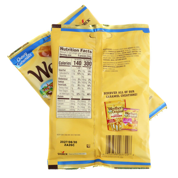 Werther's Caramel Chews, rich brown, chewy caramel candy, approx. 64 per pound, silky smooth, real butter, fresh cream.