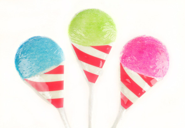 6 vibrant snowcone lollipops, pink, blue, and lime green with white, sanded sugar texture, individually wrapped hard candy.