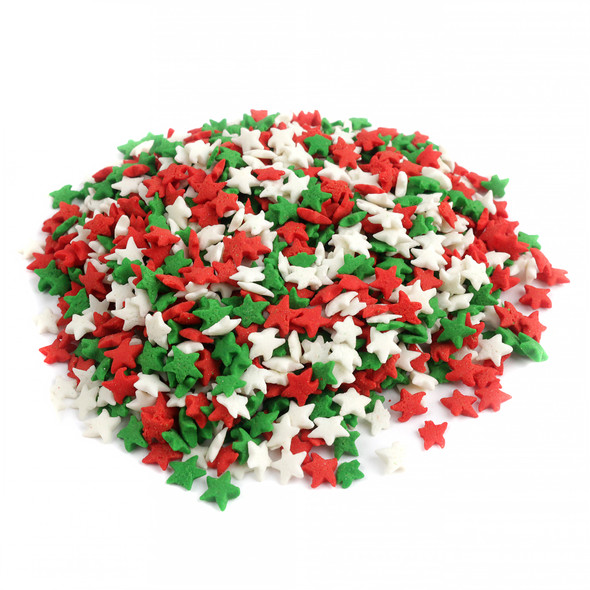 Red, white, and green star-shaped Christmas sprinkles by Sprinkle King, for decorating festive holiday baked goods.