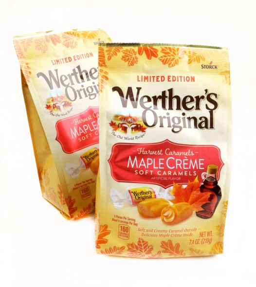 Werthers Original Maple Soft Caramels, 3 x 7.4 oz bags. Golden brown, creamy caramel with maple creme filling. Fall limited edition.